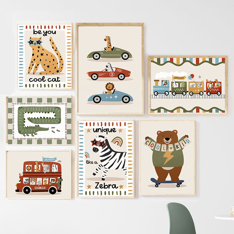 Baby Nursery Posters - Забавные мультяшные животные: леопард, медведь, зебра.