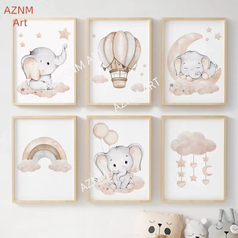 Baby Nursery Posters - Постеры с изображением слона, воздушного шара,