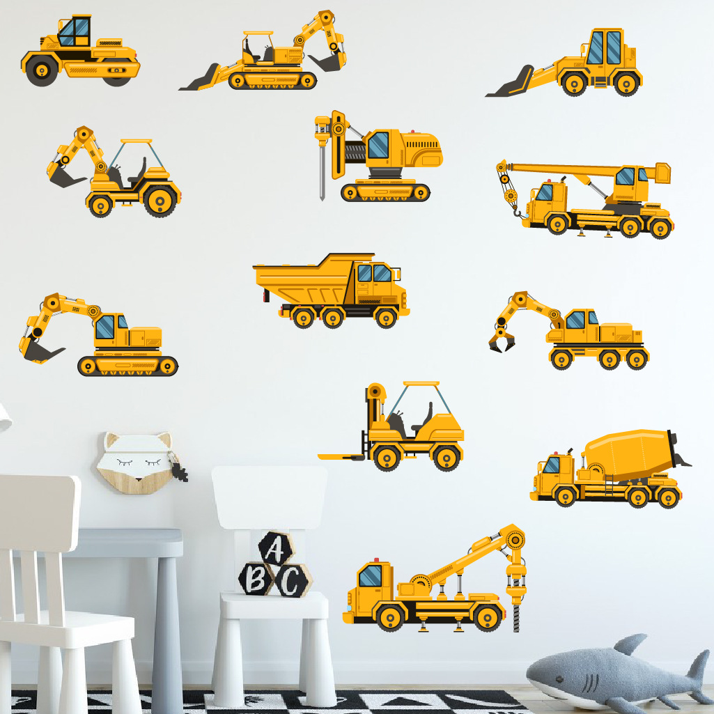 Baby Nursery Stickers - Мультяшный экскаватор, инженерный автомобиль, наклейка на