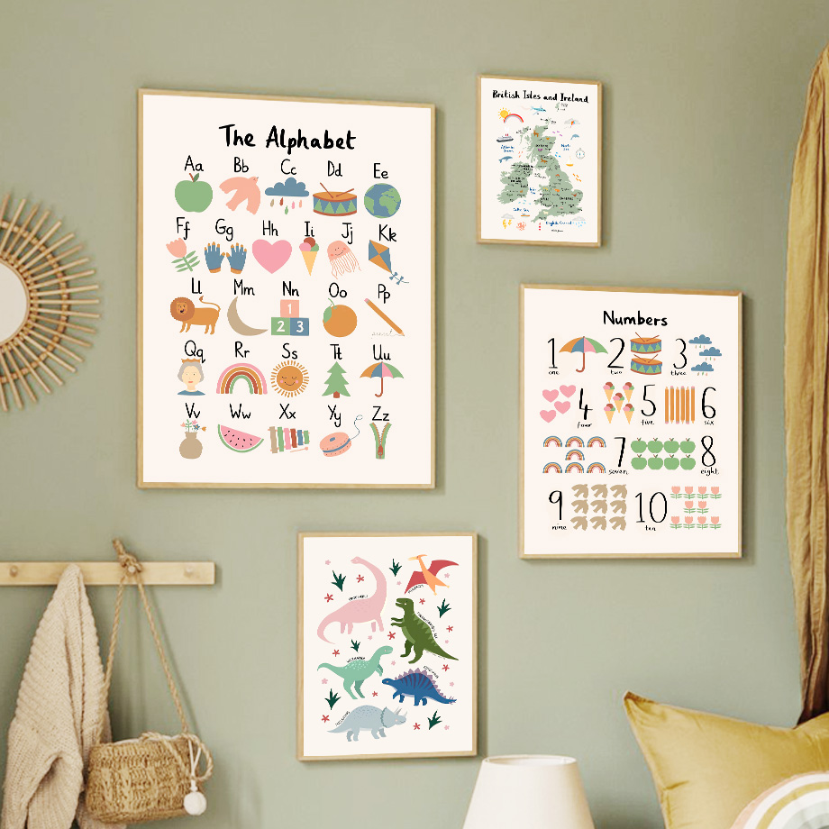 Baby Nursery Posters - Карта мира с животными, динозаврами, алфавитом