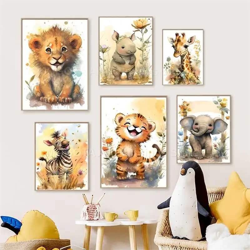 Baby Nursery Posters - Акварельные постеры с изображением льва, жирафа,
