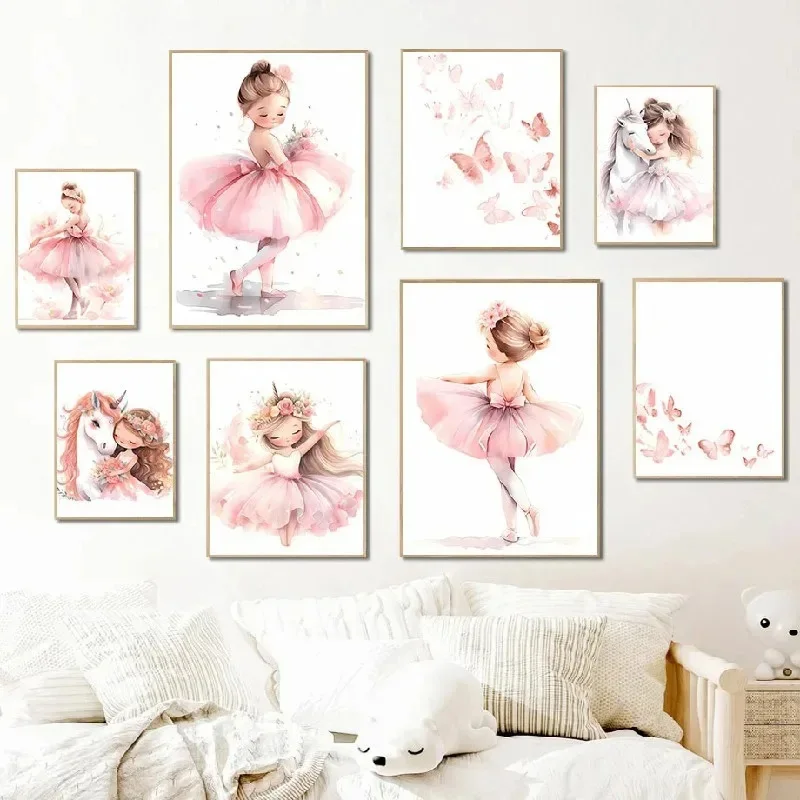 Baby Unicorn Nursery - Постер «Розовая балерина, единорог и бабочка»