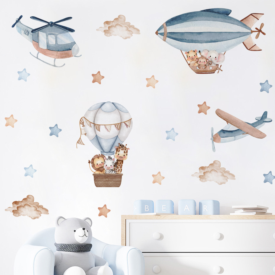 Baby Nursery Stickers - Акварельные животные, воздушные шары, облака, наклейки