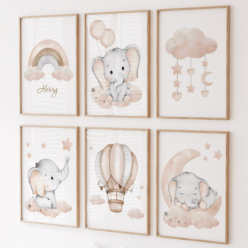 Baby Nursery Posters - Милый слон, горячий воздушный шар, луна,