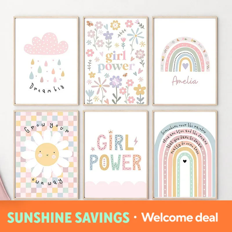 Baby Nursery Posters - Картина на холсте с подсолнухами, радугой,