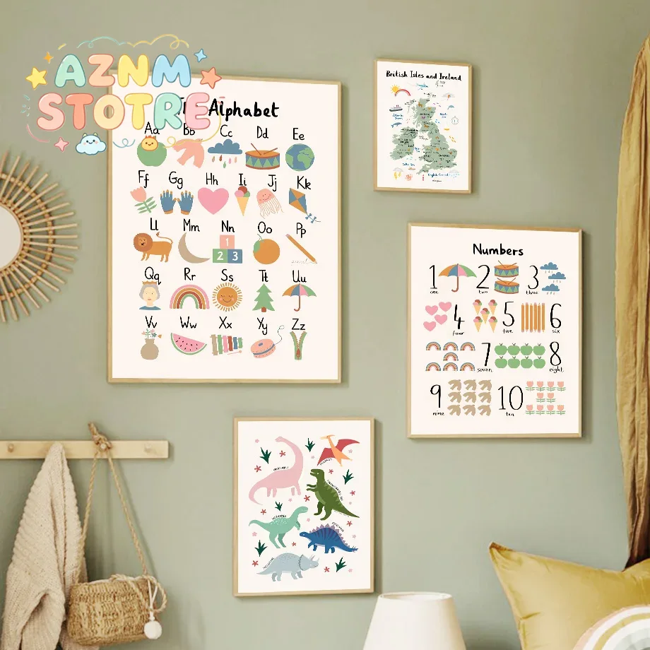 Baby Nursery Ornaments - Карта мира животных, динозавры, алфавит, цифры,
