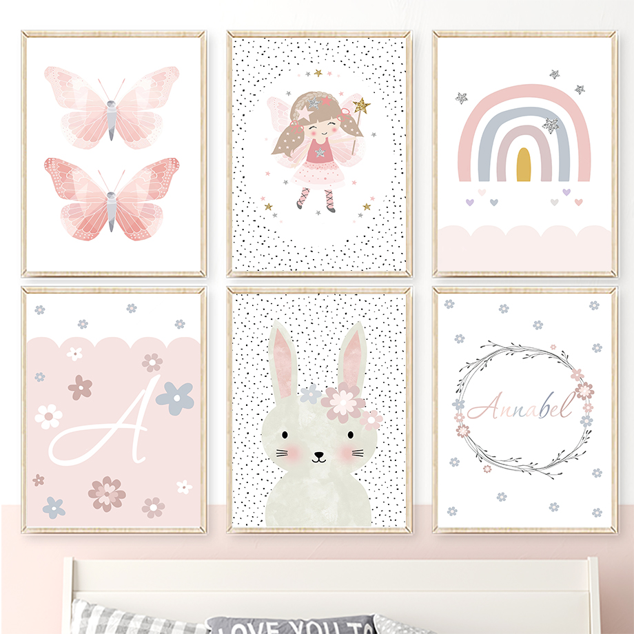 Baby Nursery Posters - Милые девочки, кролики, цветы, бабочки, радуга: