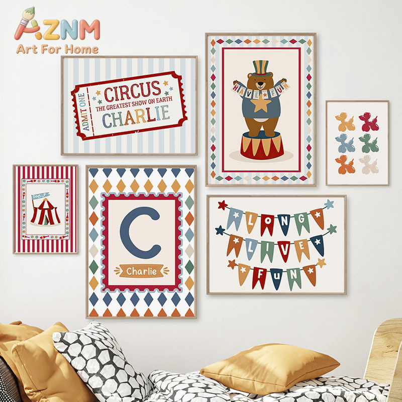 Baby Nursery Posters - Картина на холсте с цирковым медведем,